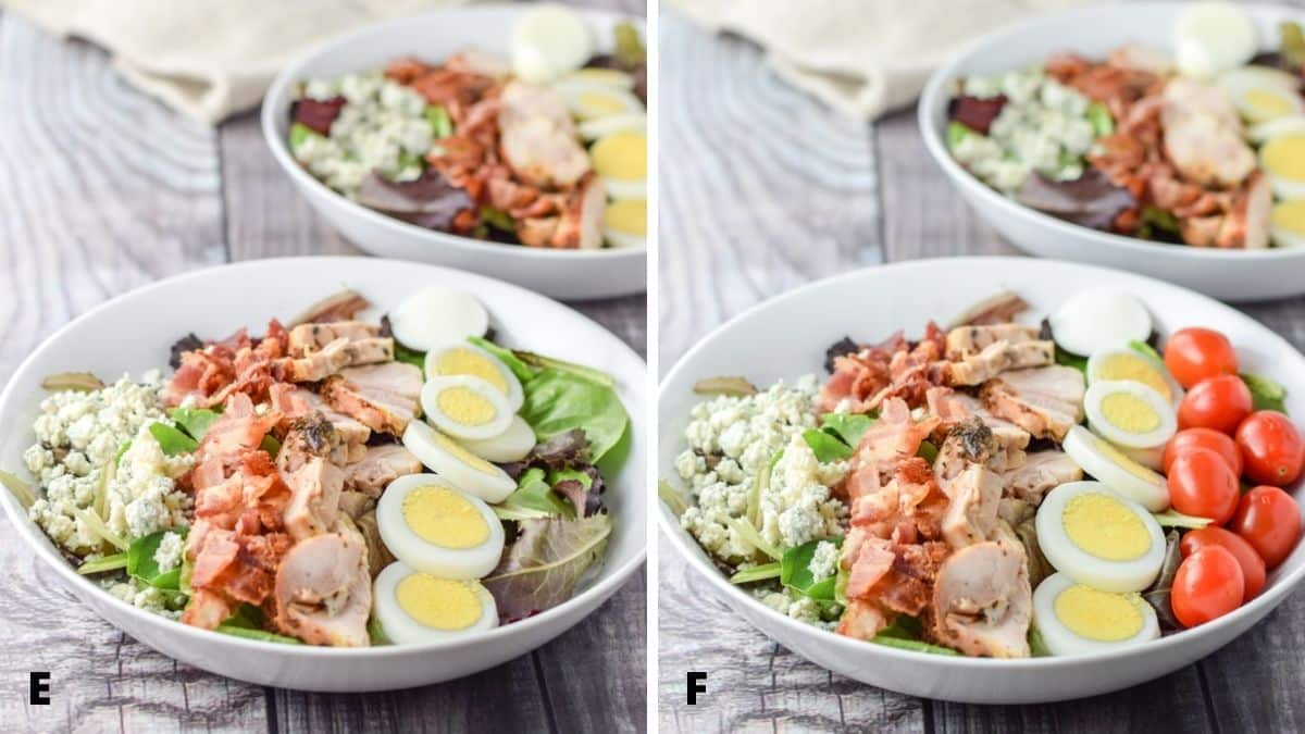 Left - Cheese added next to the bacon in the salad. Right - Tomatoes added to the salad in the white deep plates