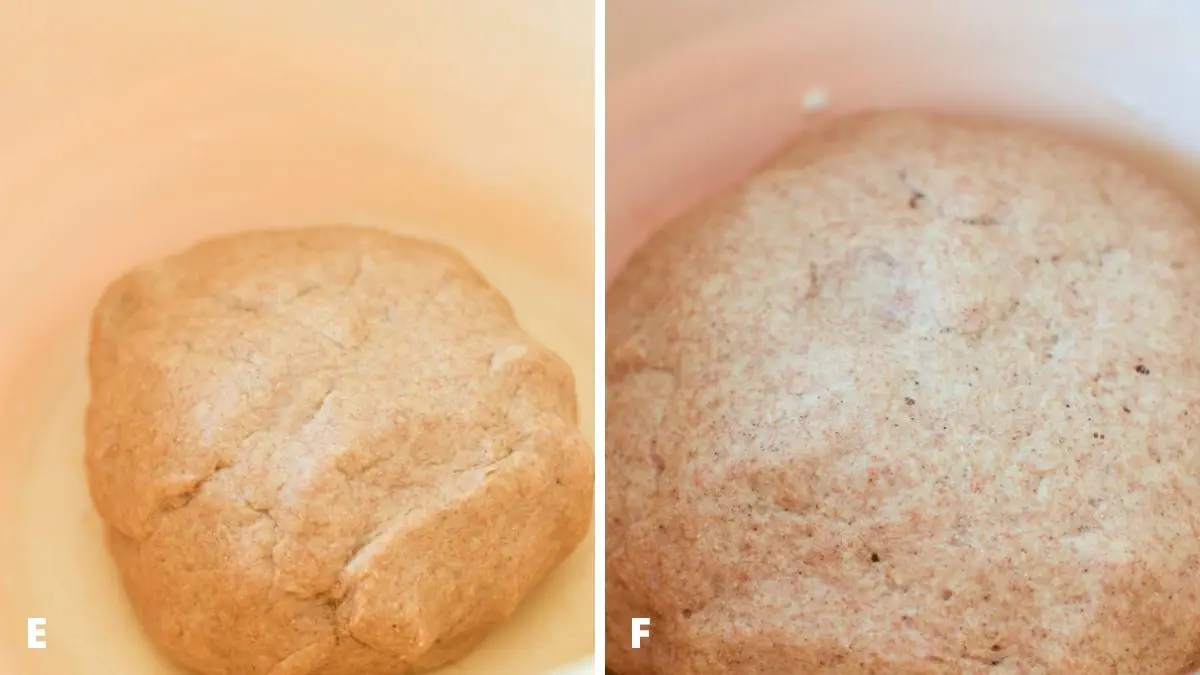 Left - a bowl with dough in it. Right - the dough after it has risen