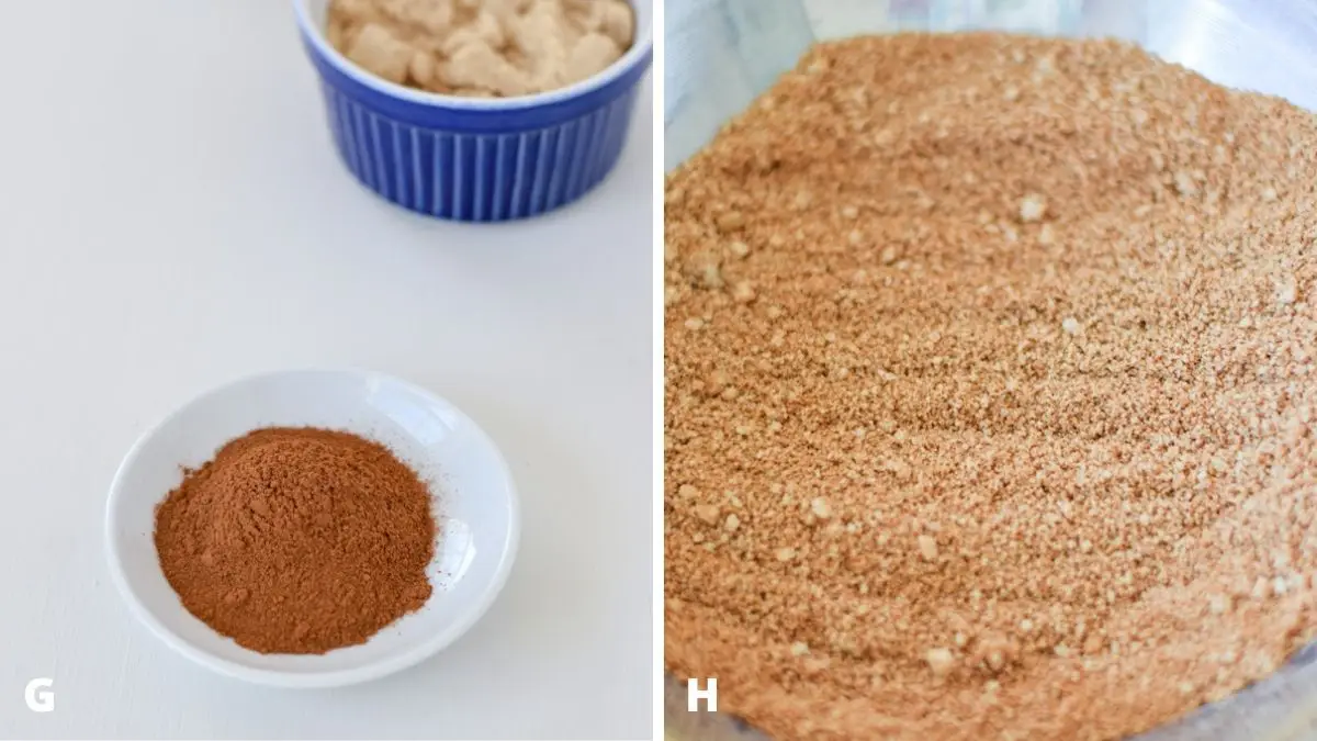Left - cinnamon and sugar. Right - the cinnamon mixture in a metal bowl