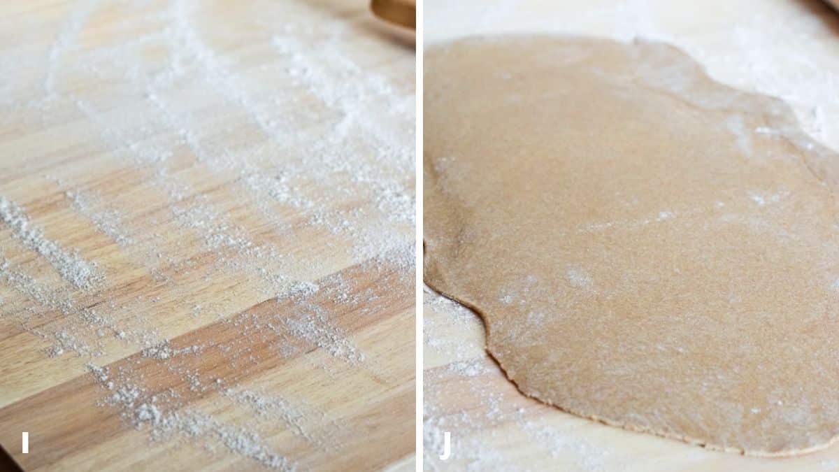 Left - flour sprinkled on a wooden table. Right - dough rolled out on the table