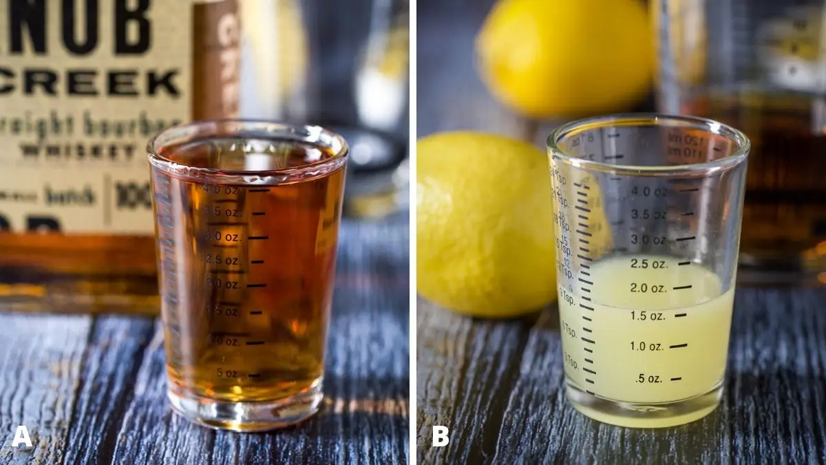Bourbon and lemon juice measured with the fruit and bottle in the background