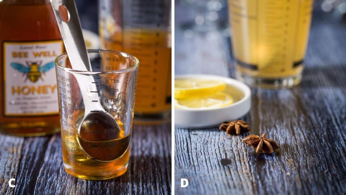 Honey, star anise and lemon wheels with the bottle and shaker in the background