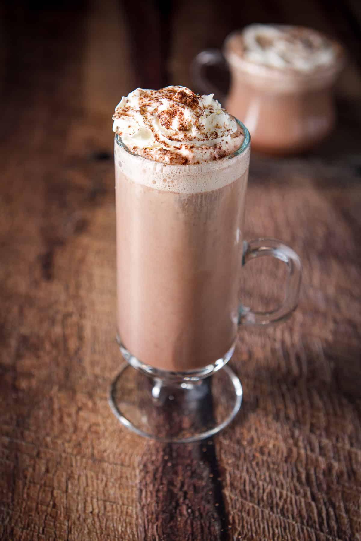 Lots of cocoa powder sprinkled on the whipped cream with the drink in the mug