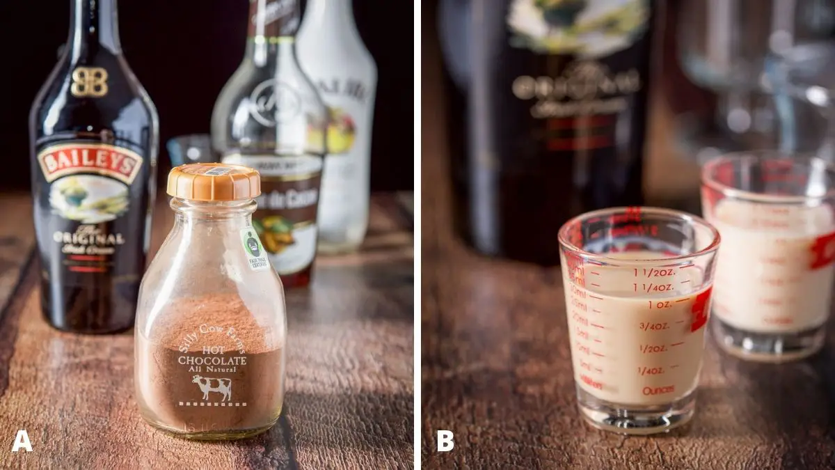Left - cocoa, Irish cream, creme de cacao and coconut rum on a wooden table. Right - Irish cream poured out with the bottle in the background