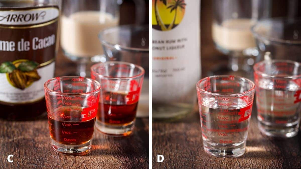 Left - creme de cacao measured out with bottle. Right - coconut rum measured with the bottle