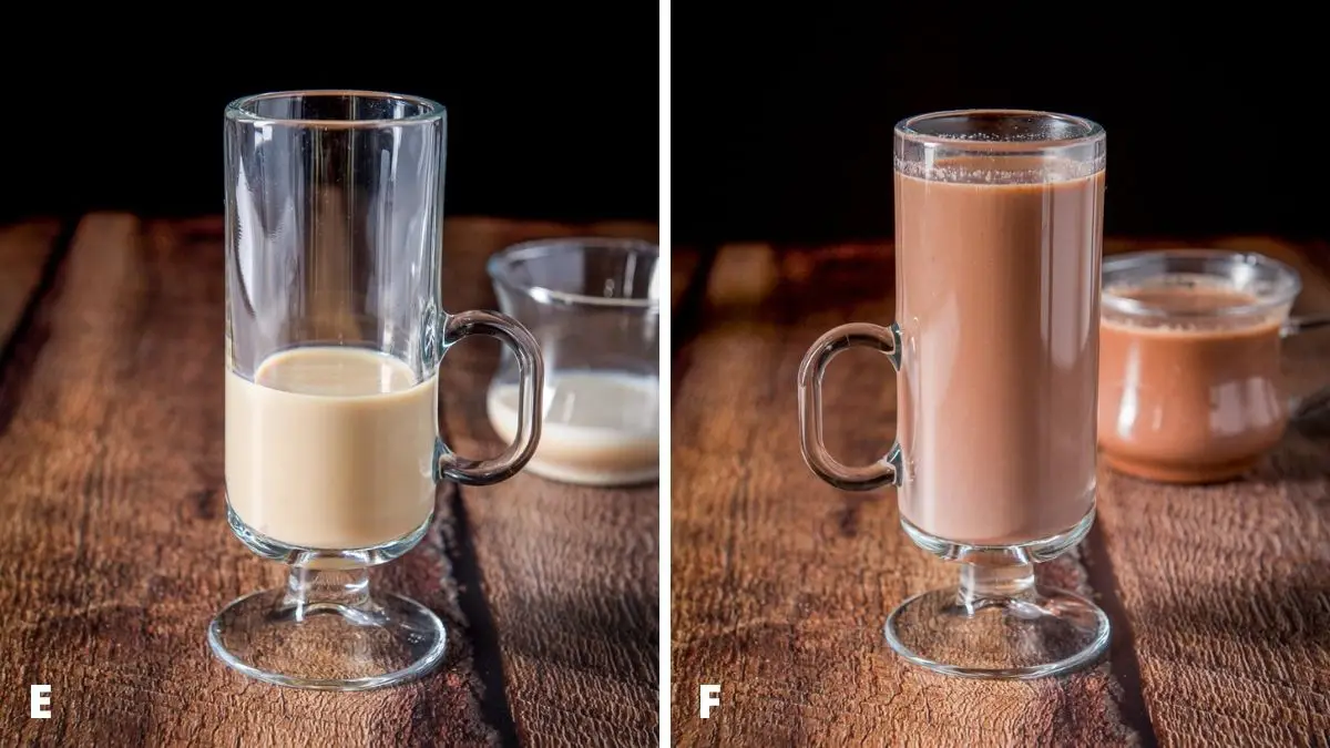 Left - ingredients in the mugs. Right - cocoa added to the glass mugs