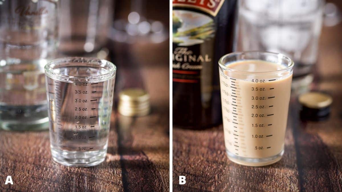 Vanilla vodka and Baileys measure out with the bottles in the background