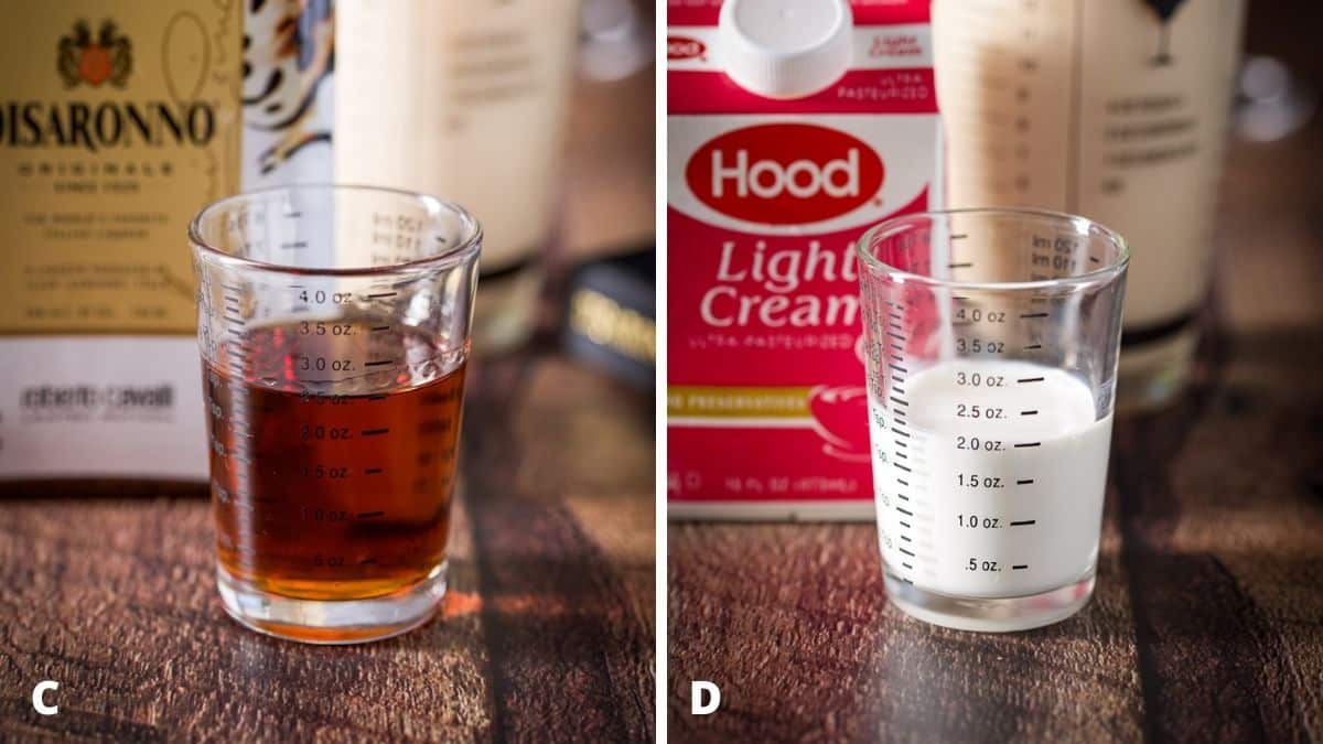Amaretto and light cream measured out with the bottle and carton in the background