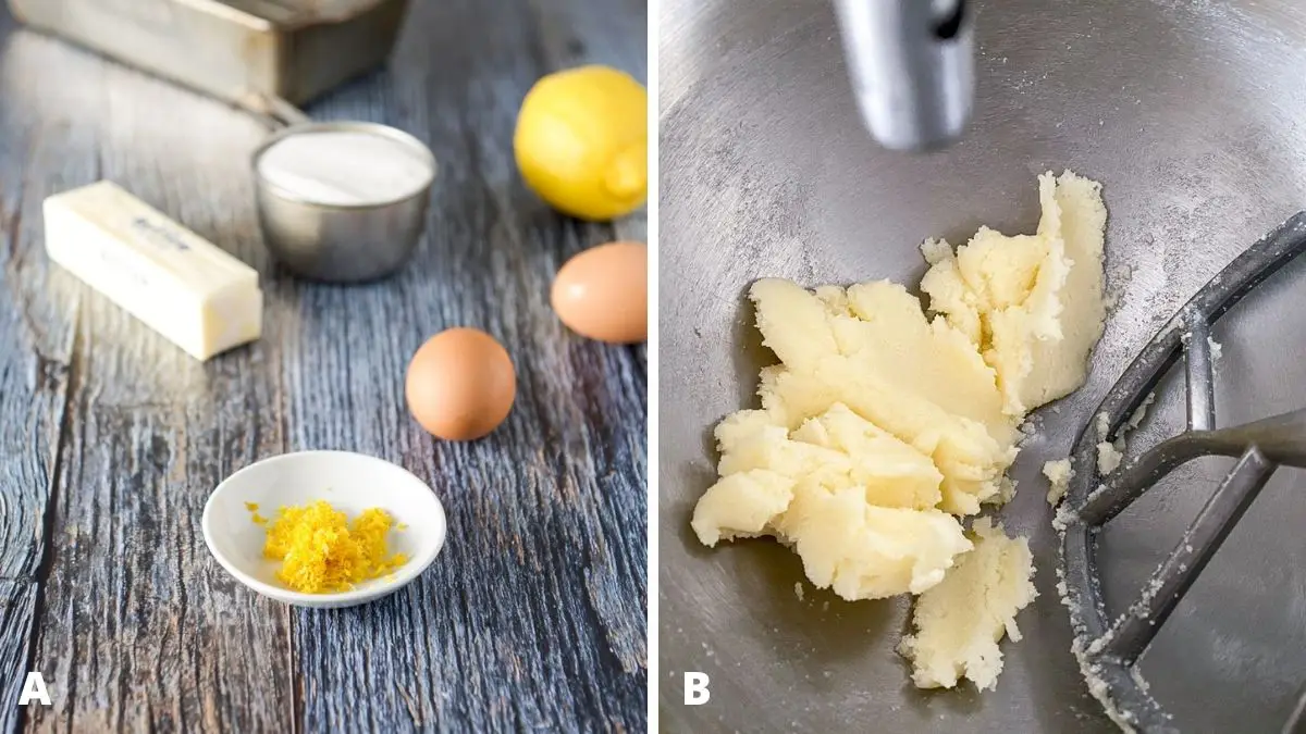 Left - lemon zest, eggs, butter, sugar and a lemon. Right - butter and sugar mixed
