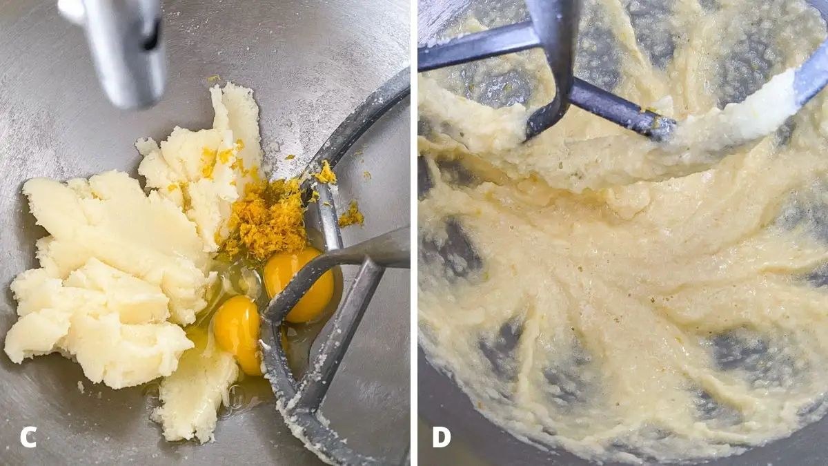 Left - eggs and zest added to the butter. Right - eggs and zest mixed in