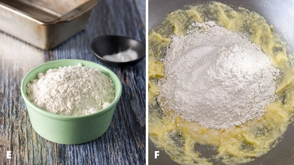 Left - flour, baking powder and salt. Right - flour added with milk to the mixer