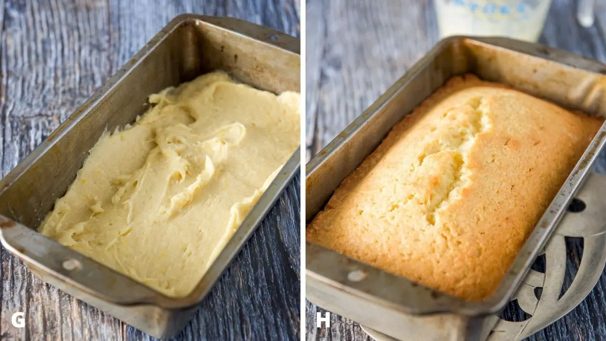 Left - bread batter added to the greased pan. Right - Bread fresh out of the oven