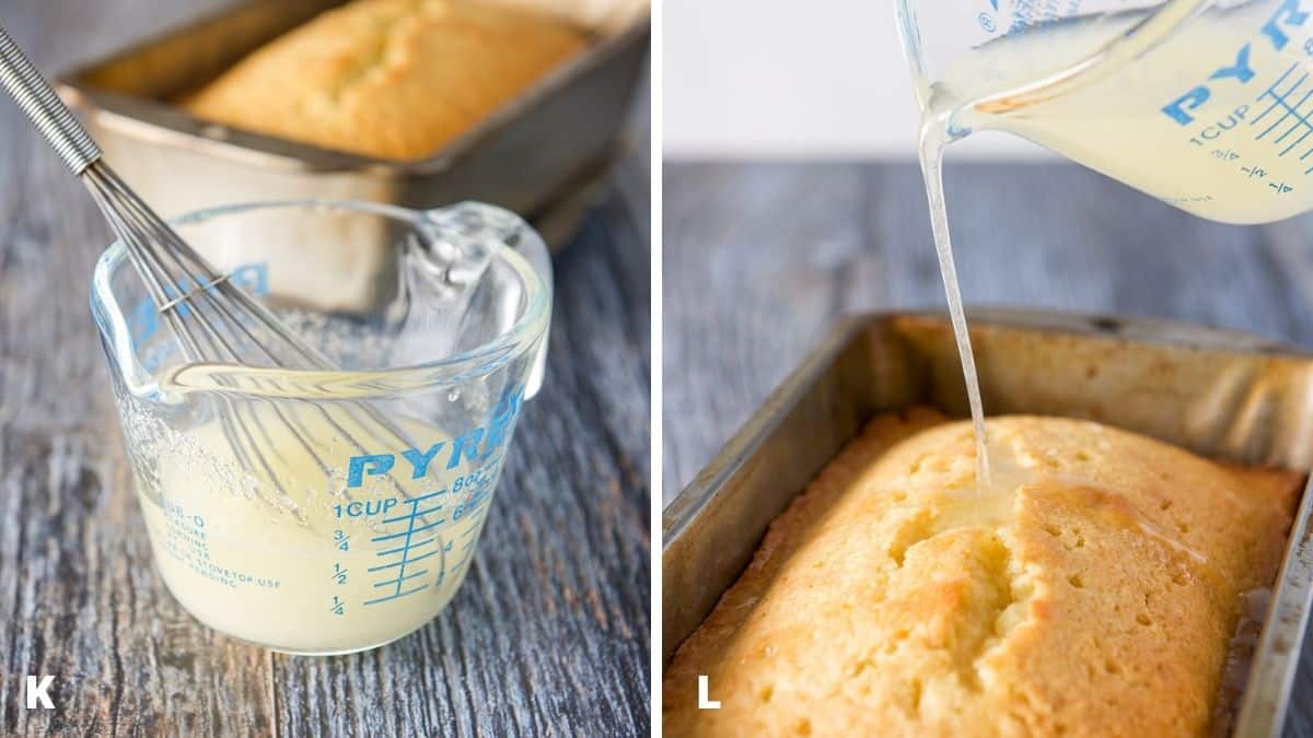 Left - a glass measuring glass with the lemon and sugar mixed. Right - pouring the lemon sugar mixture on the bread