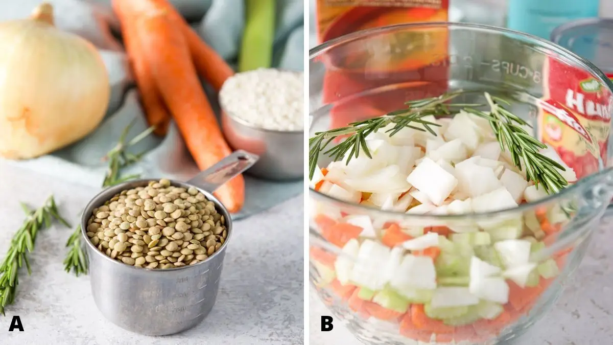 Left - lentils, rice, onion, carrots and celery. Right - glass bowl with chopped onions, carrots, celery, rosemary, diced tomatoes, broth and wine