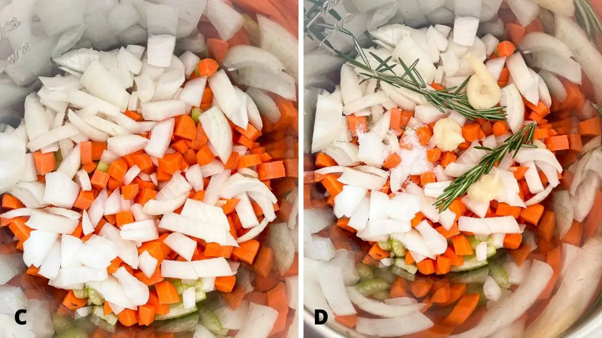 Left - overhead view of the vegetables in the pan. Right - overhead view of the pan of veggies with added rosemary, garlic and salt