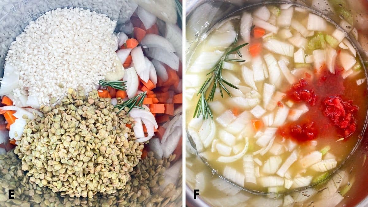 Left - overhead view of the pan with added rice and lentils. Right - overhead view of added broth, tomatoes and wine