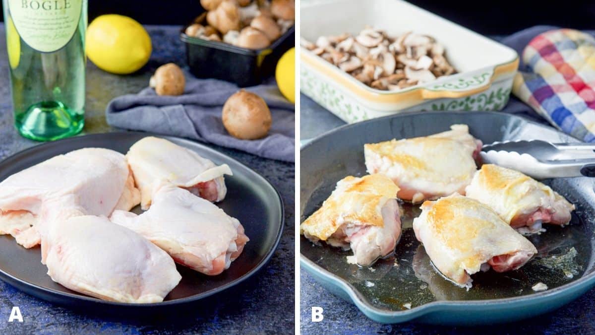 Left - chicken thighs, mushrooms and lemon. Right - chicken thighs partially cooked in a skillet with a baking dish with mushrooms in it