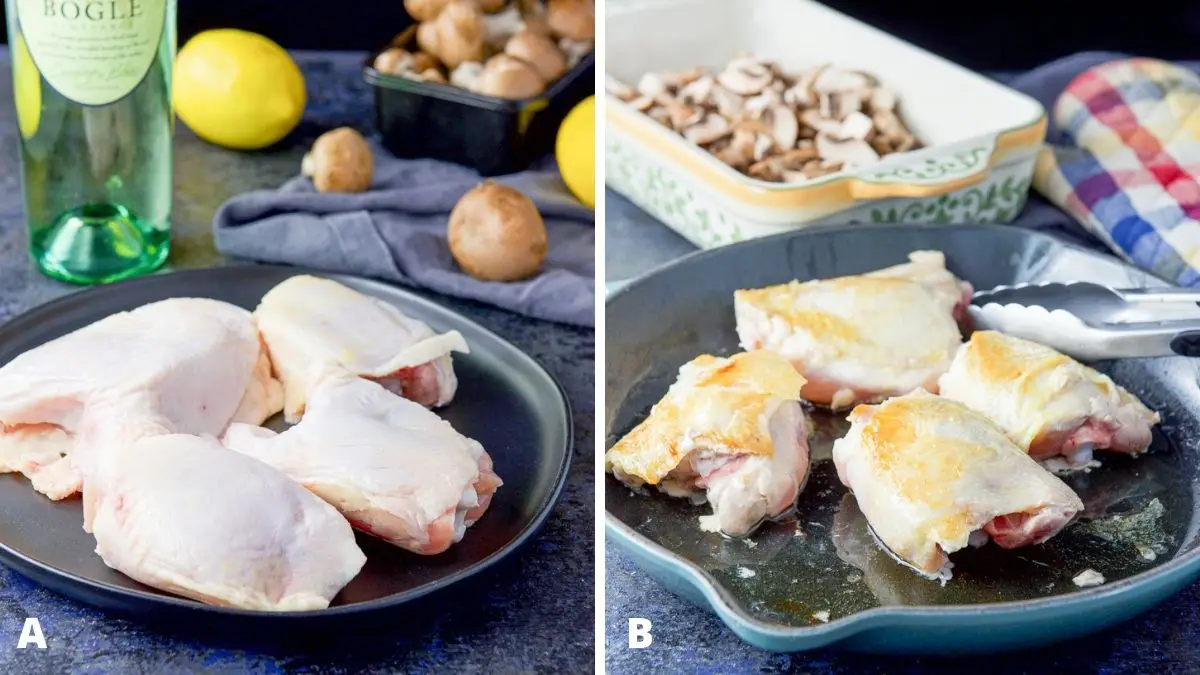 Left - chicken thighs, mushrooms, wine and lemon. Right - chicken thighs partially cooked in a skillet with a baking dish with mushrooms in it