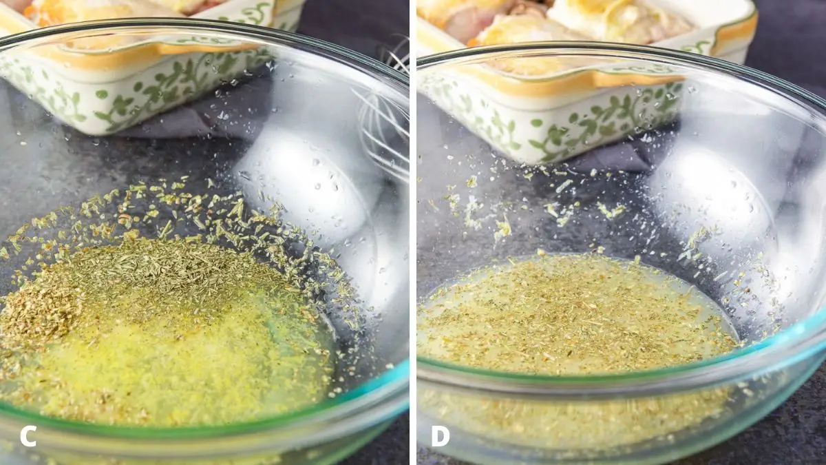 Left - lemon juice, garlic, herbs and wine added to a bowl. Right - sauce ingredients whisked together
