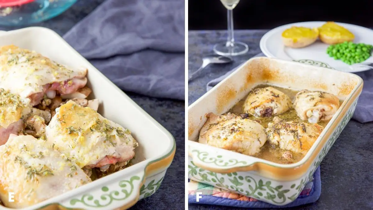 Left - The chicken, mushrooms and sauce in a baking dish. Right - the baking dish with the chicken right out of the oven