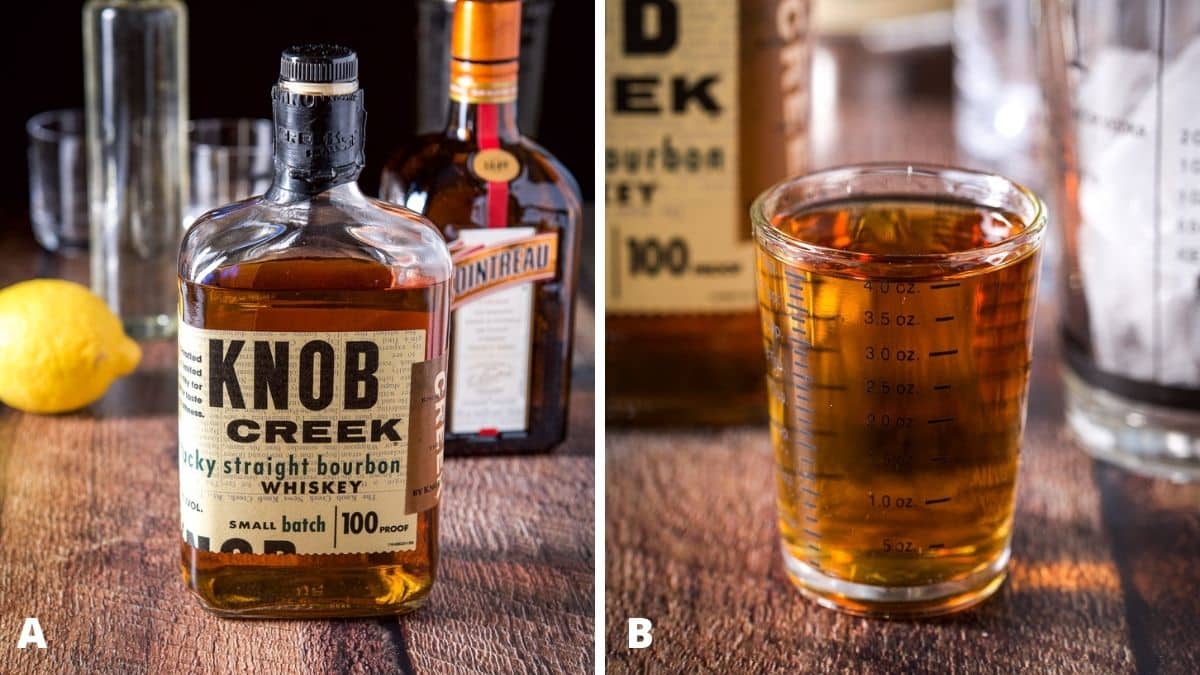 Left - bourbon, orange liqueur, lemon and simple syrup. Right - bourbon measured out with the bottle and shaker