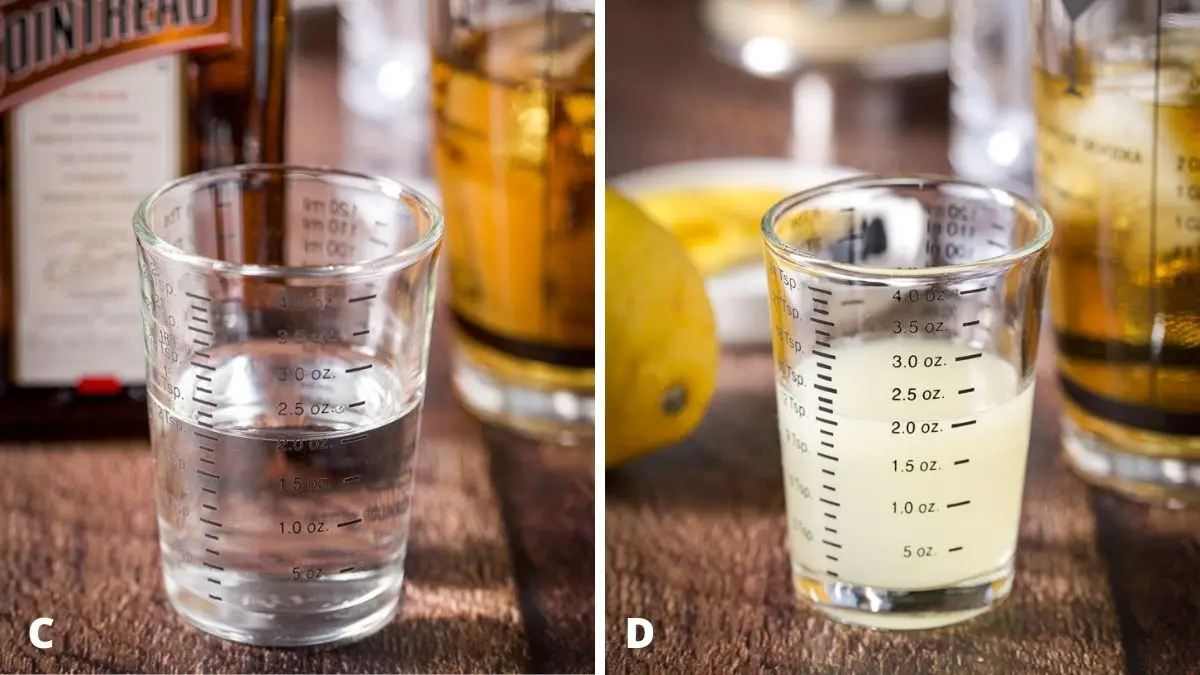 Left - orange liqueur measured with the bottle and shaker. Right - lemon juice measured with the fruit and shaker