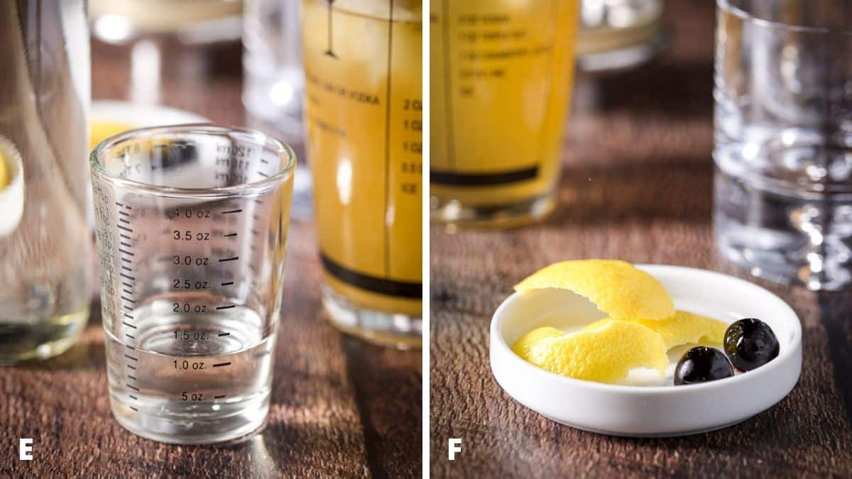 Left - simple syrup measured with the bottle and shaker. Right - white plate with lemon twists and cherries