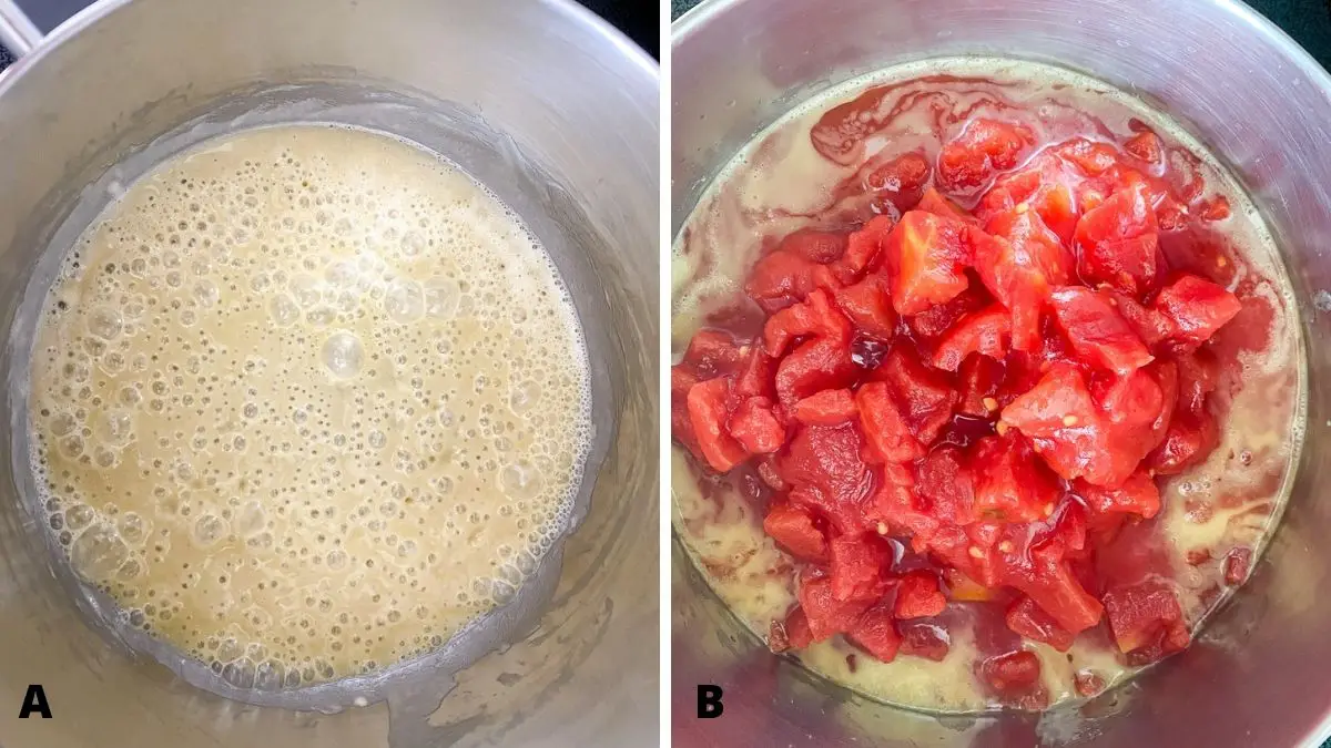 Left - a pan with oil and flour whisked and bubbly. Right - pan with diced tomatoes added to the roux