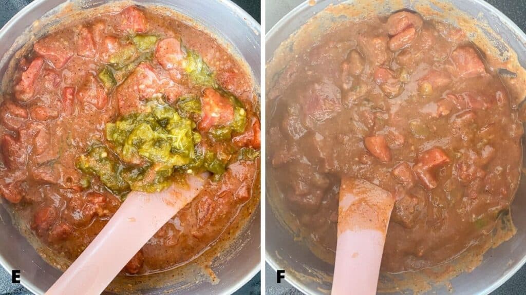Left - green chiles added to the mixed roux, spices and tomatoes. Right - the chiles stirred in and heated