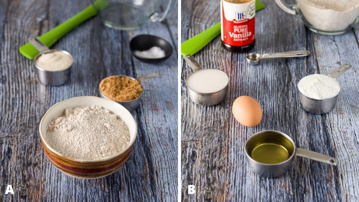 Left - flour, sugars, baking soda, salt and a bowl and spatula. Right - oil, egg, milk, yogurt and vanilla