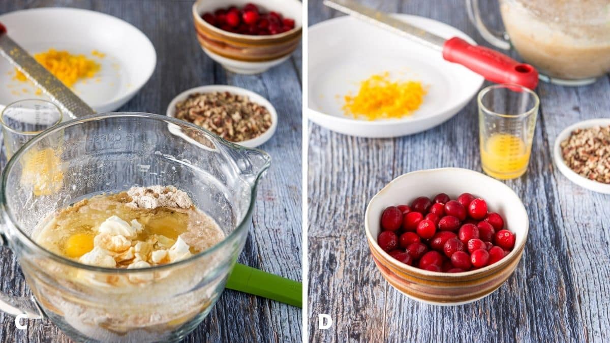 Left - A glass bowl with the wet ingredients in with the dry. Right - cranberries, orange juice, orange zest and nuts