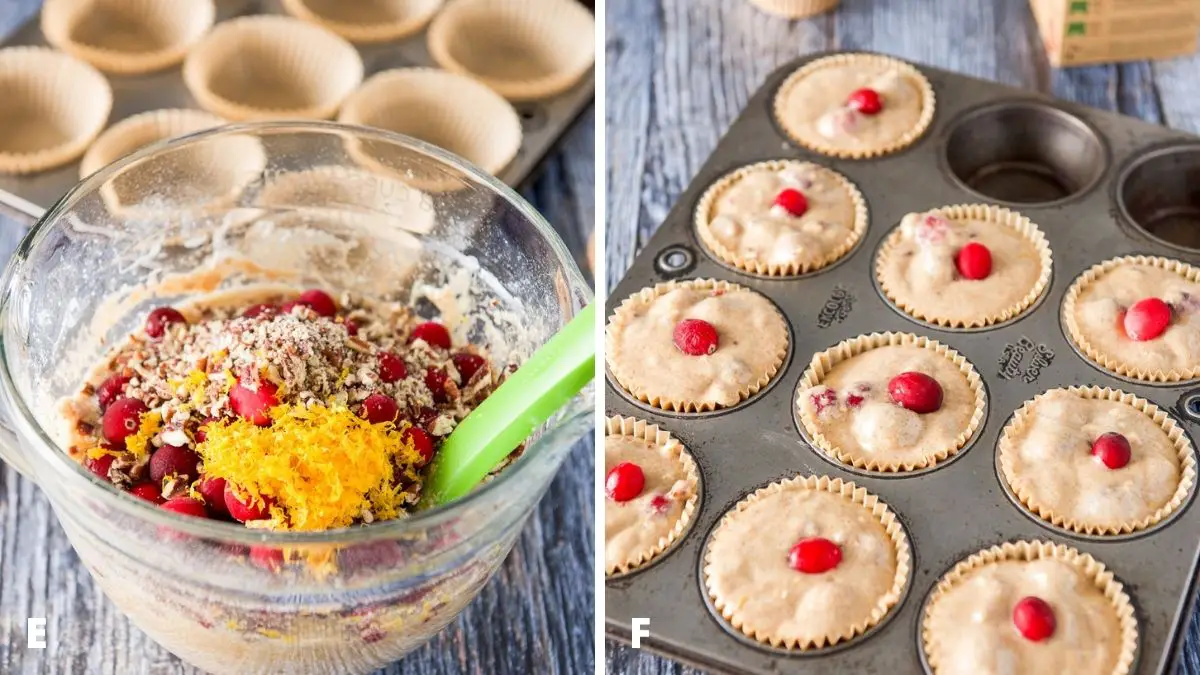 Left - the ingredients all in the bowl with a muffin tin in the back. Right - muffin batter in the muffin tins with a cranberry on each one