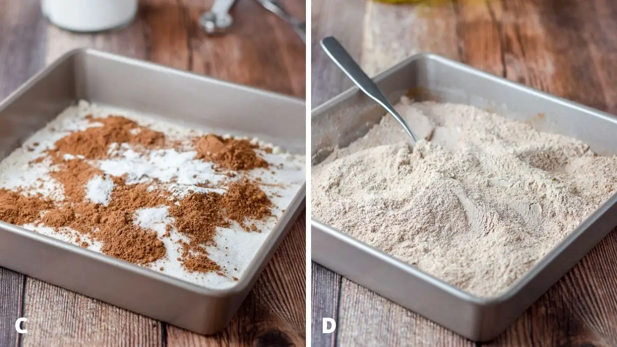 Left - cocoa powder and baking powder added to the pan. Right - the dry ingredients mixed with a fork