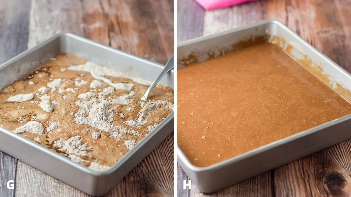 Left - water added to the other ingredients in the pan. Right - the mixed batter in the pan