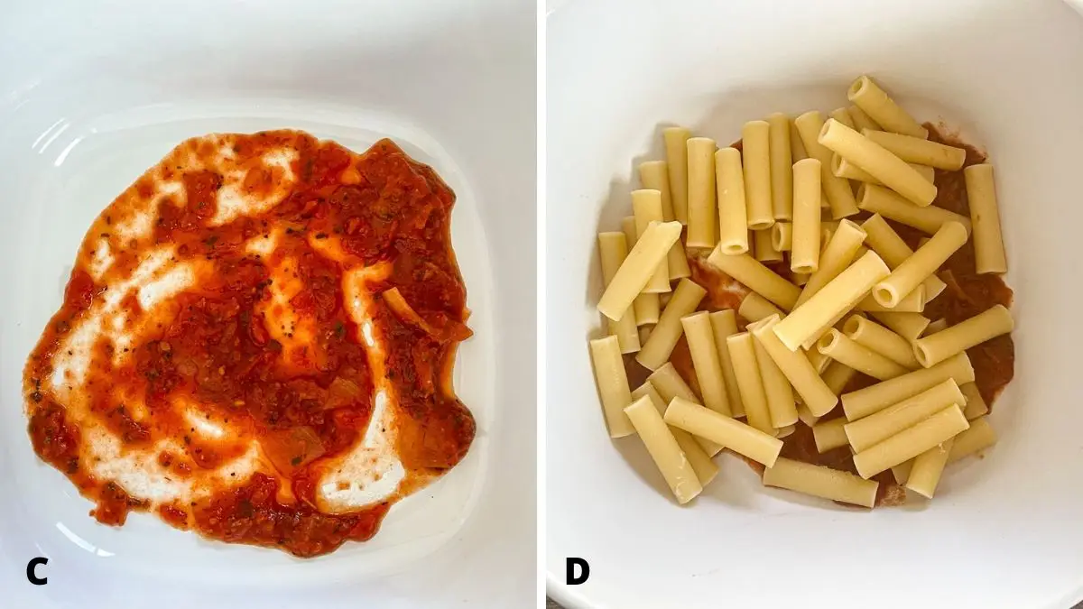 Left - red sauce in a casserole dish. Right - ziti on top of the gravy