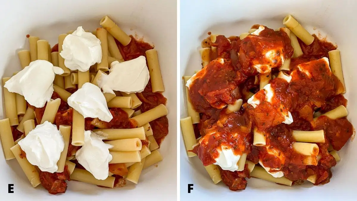 Left - Sour cream dolloped on the ziti. Right - red sauce spooned over the sour cream
