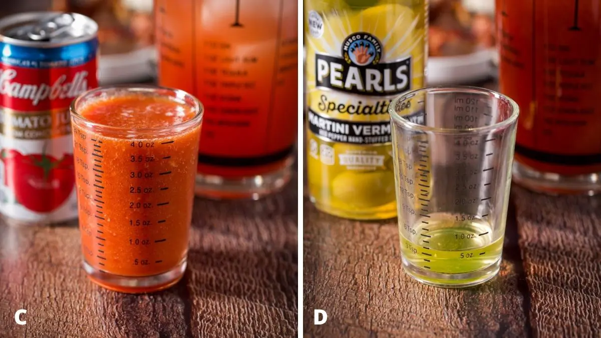 Left - tomato juice measured with the can and shaker behind it. Right - olive juice measured out with the bottle and shaker behind