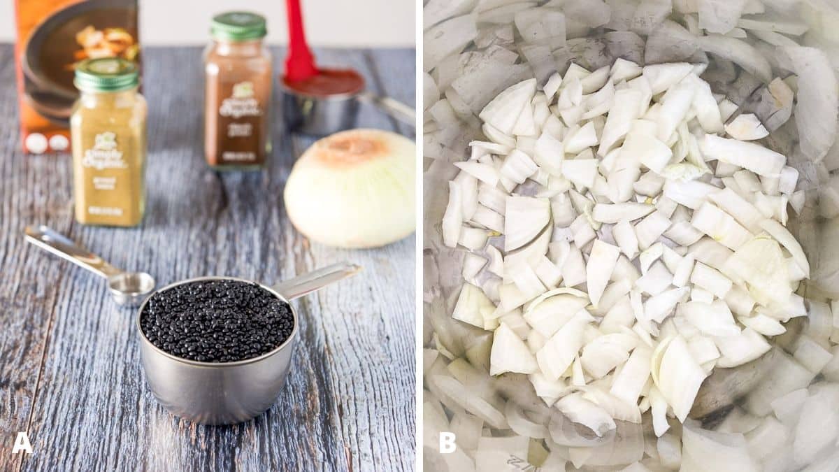 Left - black lentils, onion, spices, broth and tomato paste. Right - onion chopped in a metal container