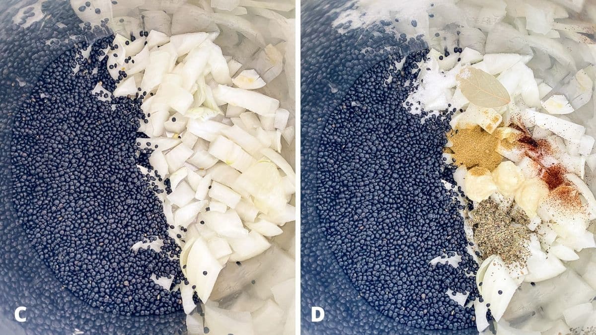 Left - lentils added with the onions. Right - herbs, spices, salt, bay leaf and garlic in with the lentils