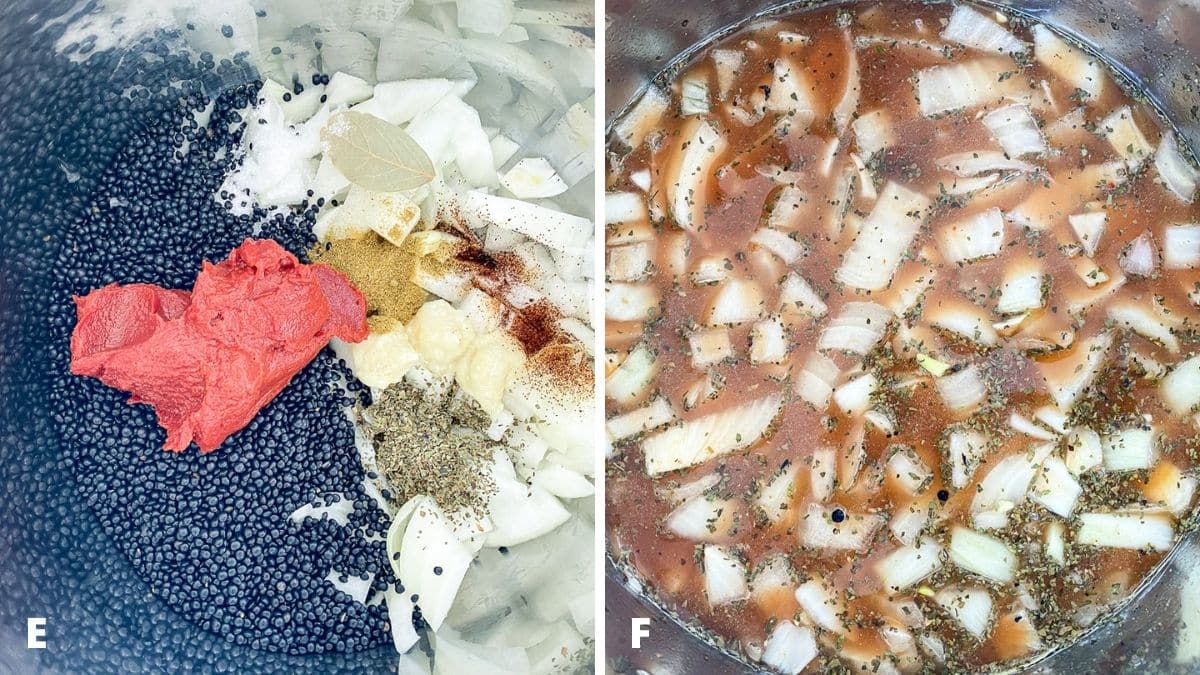 Left - tomato paste added to the lentils. Right - broth added with the lentils and stirred