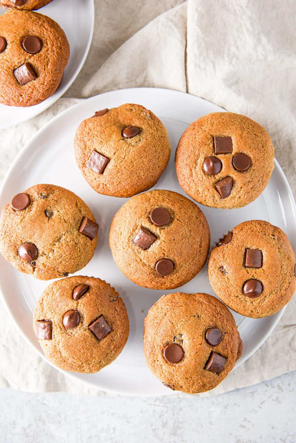 Overhead view of chocolate chip muffins on a plate