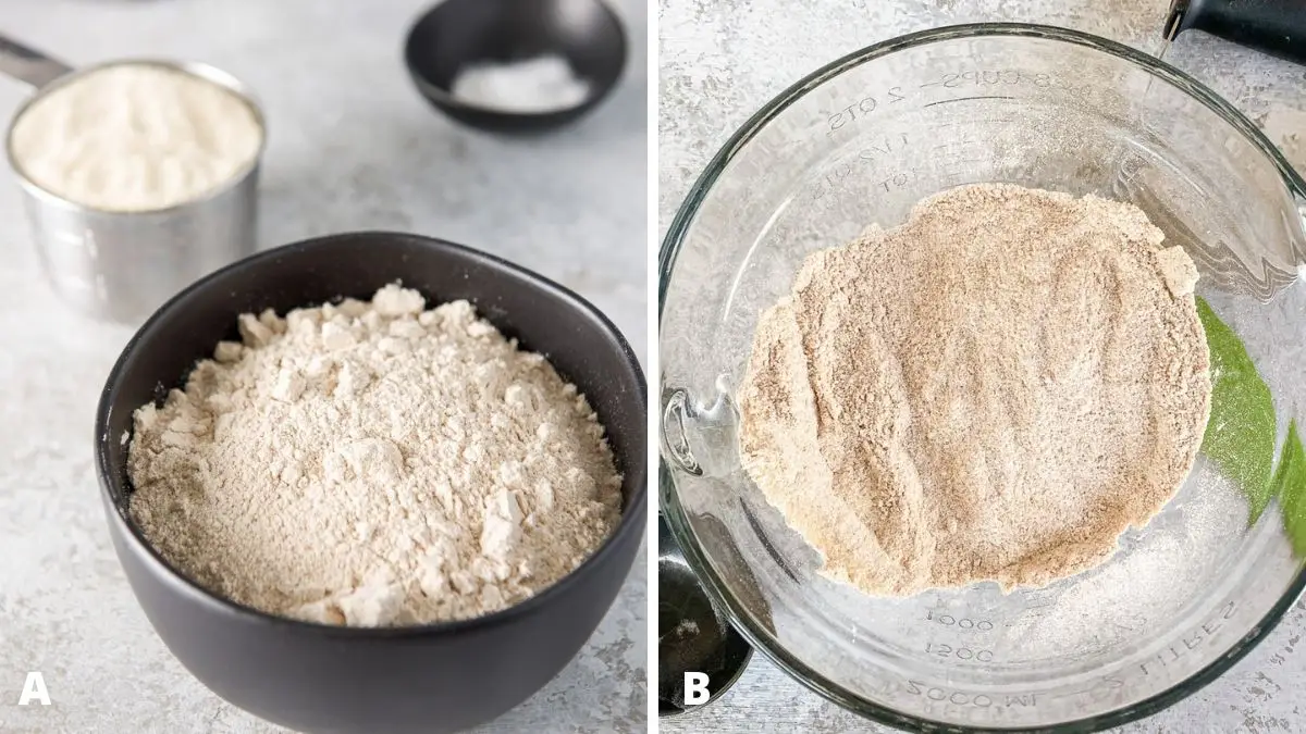 Left - flour in a black bowl, sugar and baking soda behind. Right - glass bowl filled with the dry ingredients