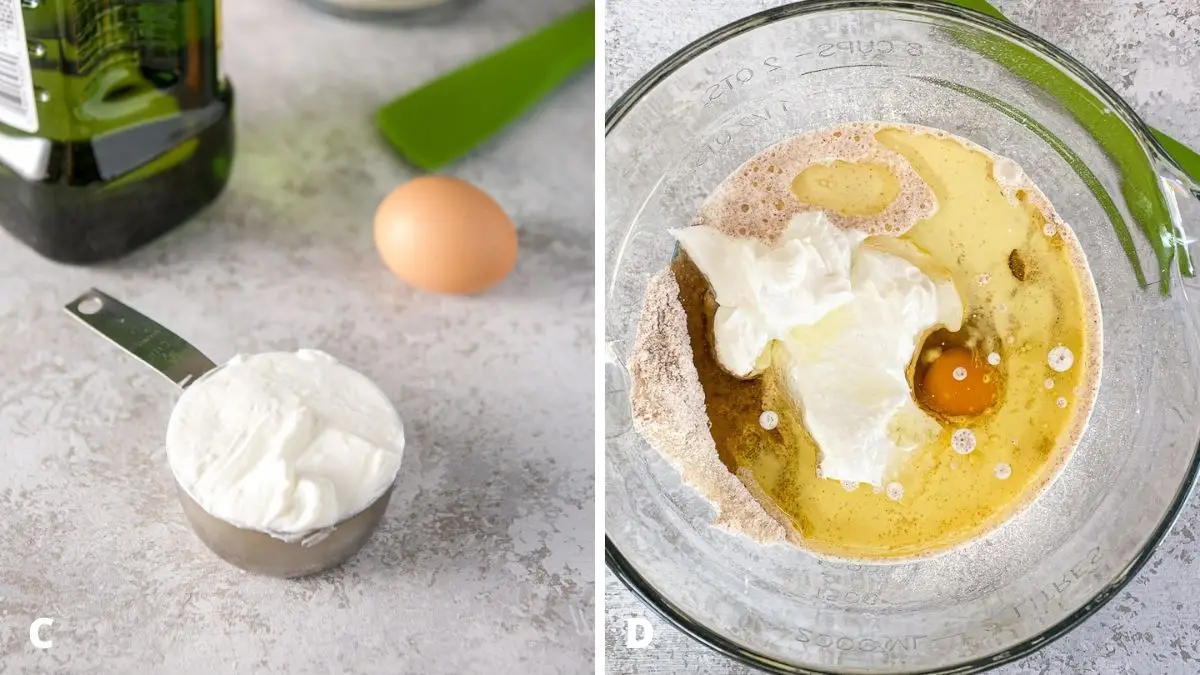 Left - sour cream in a measuring cup, egg and olive oil in the background. Right - a glass bowl with the wet ingredients in the dry ingredients