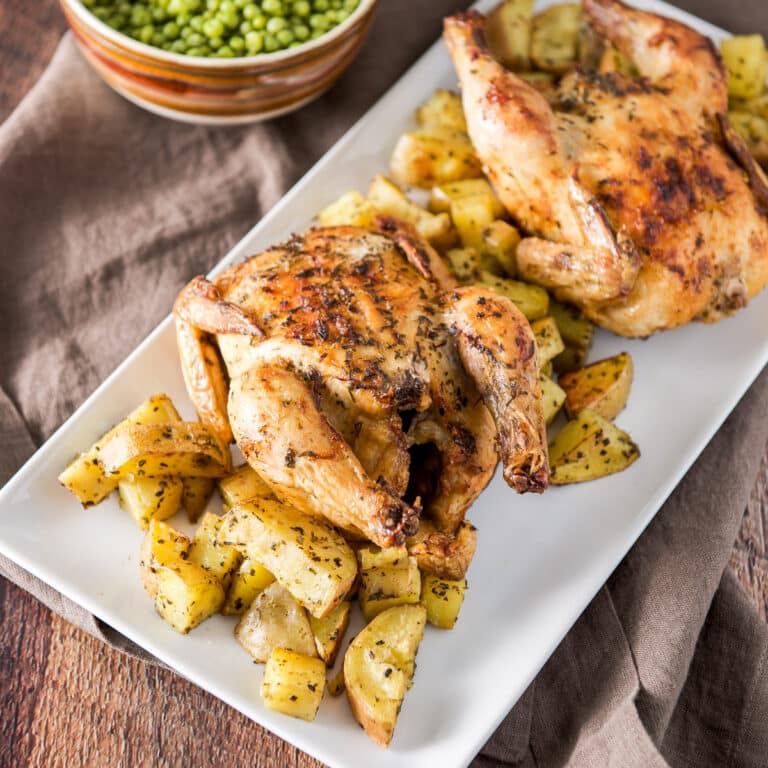 A white rectangle platter with two hens on it with potato wedges