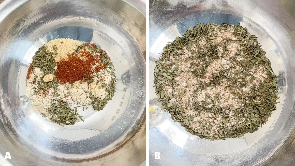 Left - a metal owl with herbs and spices in it. Right - bowl with herbs and spices mixed together