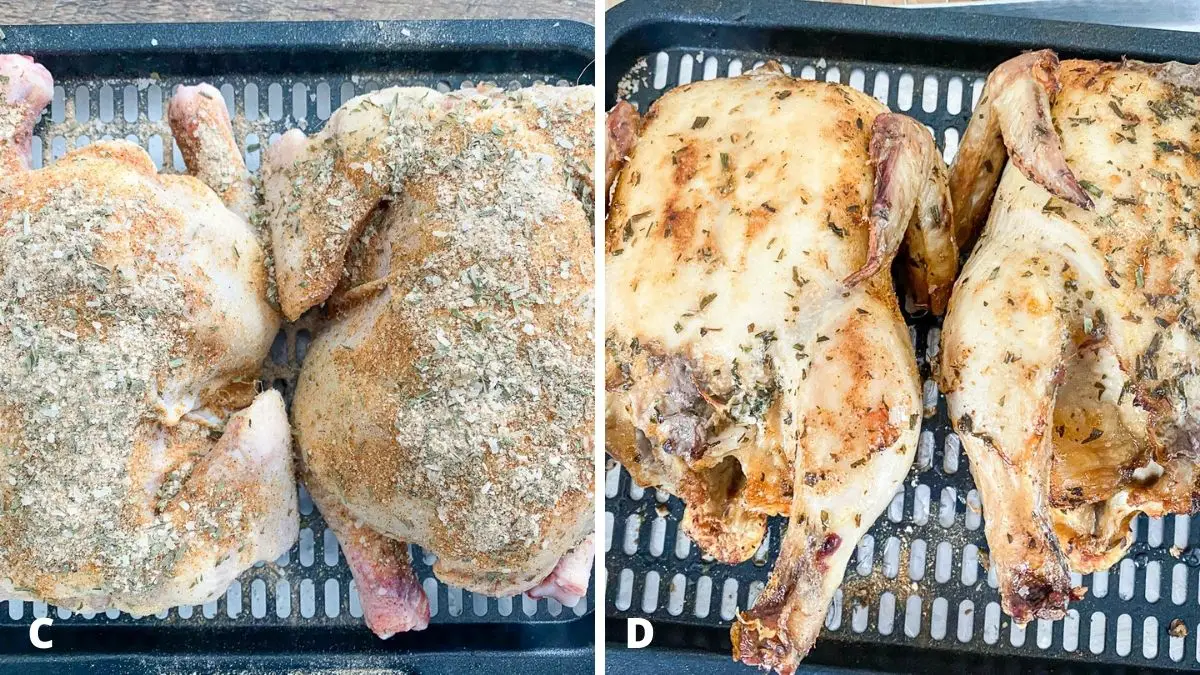 Left - two raw hens with a rub on them. Right - two partially cooked hens on a metal grate