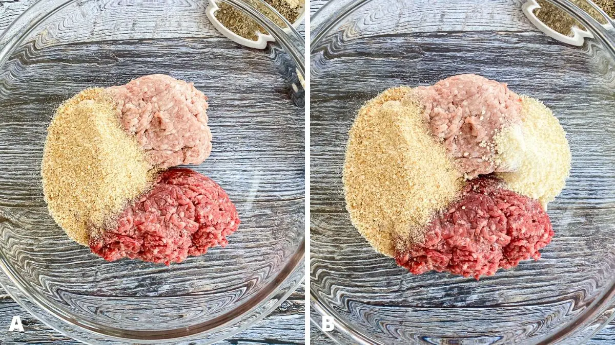 Left - bowl with ground beef, pork and bread crumbs. Right - bowl with the same ingredients with parmesan cheese added