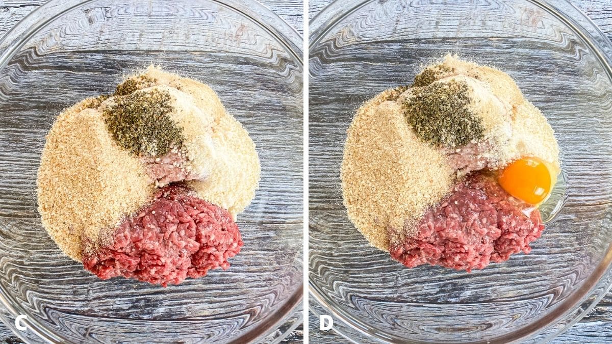 Left - glass bowl with beef, pork, breadcrumbs, parm cheese and herbs and spices. Right - bowl with the egg added