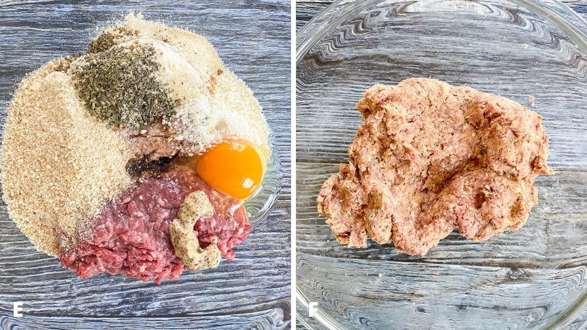 Left - all the ingredients for the meatballs plus the mustard in a bowl. Right - the ingredients mixed together in the bowl