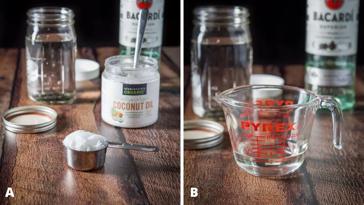 Left - coconut oil, a jar of rum with the bottles in the back. Right - coconut oil melted in a glass measuring cup with the jar of rum and bottle in the back